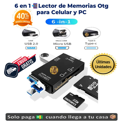 6 en 1 📲 Lector De Memorias Sd Micro Sd Usb C Otg 2.0 Para Celular Pc Negro