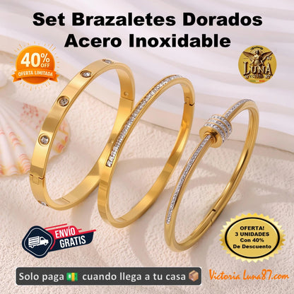 Pulseras Brazaletes Dorados💫Acero Inoxidable Set💫Elegancia y Lujo para Mujer