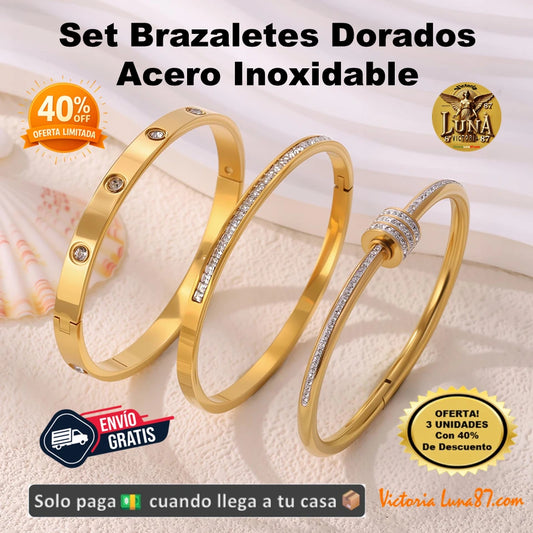 Pulseras Brazaletes Dorados💫Acero Inoxidable Set💫Elegancia y Lujo para Mujer