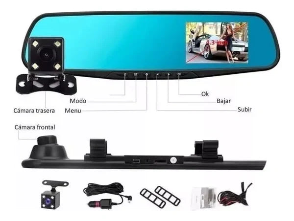 Camara de Carro Full HD Espejo Retrovisor con Doble Camara (Frontal y Reversa)