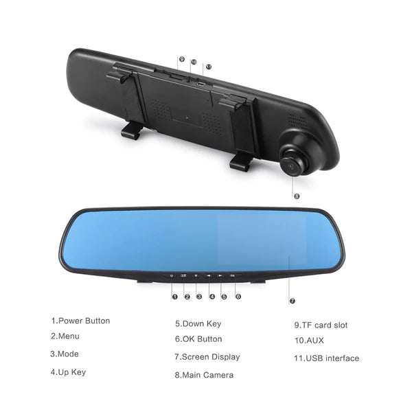 Camara de Carro Full HD Espejo Retrovisor con Doble Camara (Frontal y Reversa)