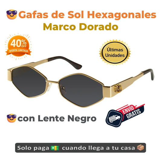 😎Gafas de Sol Hexagonales Marco Dorado con Lente Negro