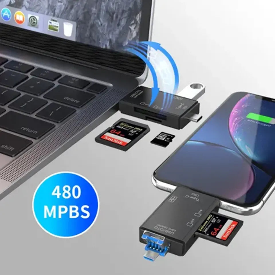 6 en 1 📲 Lector De Memorias Sd Micro Sd Usb C Otg 2.0 Para Celular Pc Negro