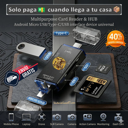 6 en 1 📲 Lector De Memorias Sd Micro Sd Usb C Otg 2.0 Para Celular Pc Negro